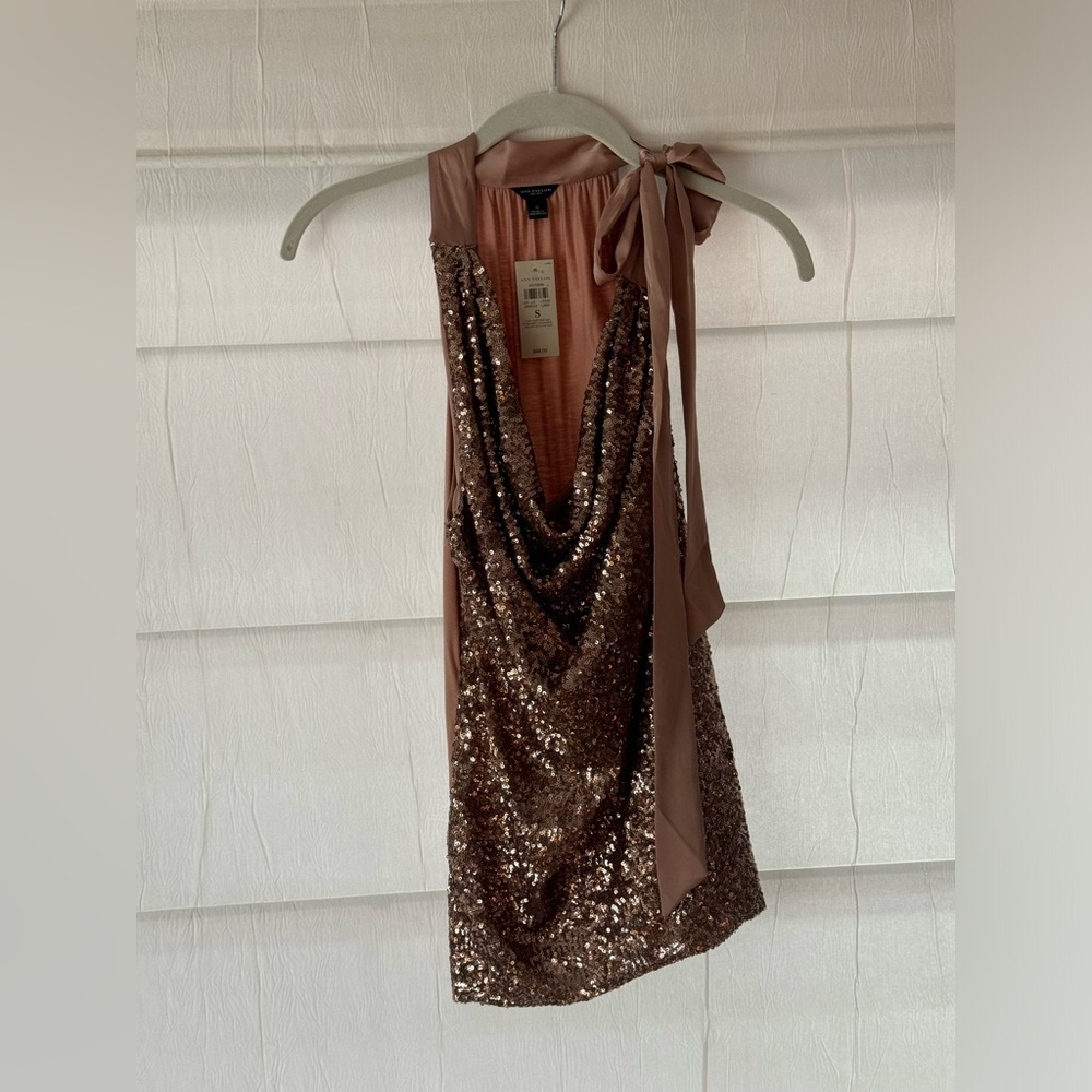 Ann Taylor Sequin Front Halter Top with Bow on Shoulder